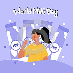 World Milk Day poster, background, social media post and greeting cards. Girl drinking milk