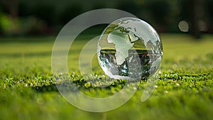 World in Miniature: A Glass Globe on a Vibrant Green Landscape