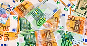 World money concept, detail on EURO and US dollar banknotes, EURO and US currency background, inflation, finance and business