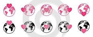 World mother, women day icon set. Line art web banner world globe with heart. World mother, women day. Health care. 8 March poster