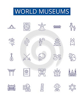 World museums line icons signs set. Design collection of Museums, World, Global, Cultural, Art, History, Archaeology