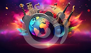 World music day banner with abstract colorful dust background. Music day event and musical instruments colorful design