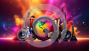 World music day banner with abstract colorful dust background. Music day event and musical instruments colorful design