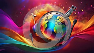 World music day banner with abstract colorful dust background. Music day event and musical instruments colorful design