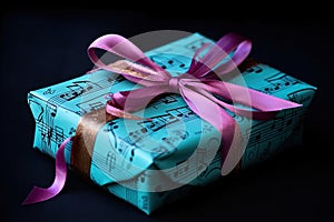 World Music Day concept. Gift box wrapped in paper with musical notes and ribbon