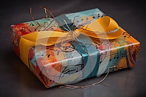 World Music Day concept. Gift box wrapped in paper with musical notes and ribbon