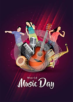 World music day dance night party Flyer design with group of people dancing on shiny colorful background. Vector celebration