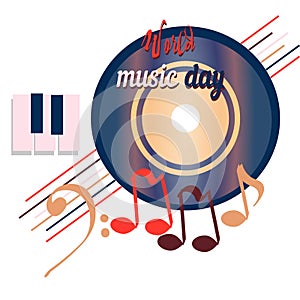 World music day, disc. sounds, planet of global music, vector banner