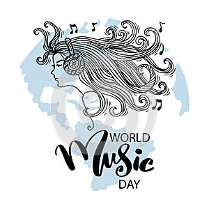 World Music Day with girl listening to music with headphones, June 21
