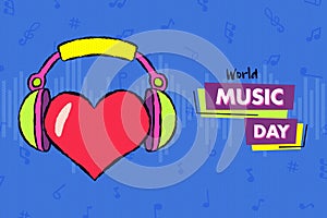 World Music Day heart shape headphones card