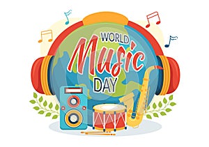 World Music Day Illustration with Various Musical Instruments and Notes in Flat Cartoon Hand Drawn for Publication Poster