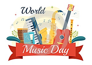 World Music Day Illustration with Various Musical Instruments and Notes in Flat Cartoon Hand Drawn for Publication Poster