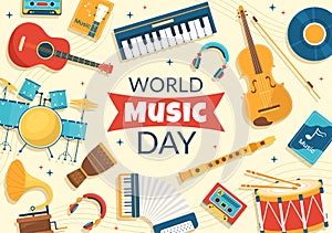 World Music Day Illustration with Various Musical Instruments and Notes in Flat Cartoon Hand Drawn for Publication Poster