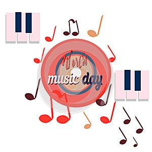 World music day, red disc. sounds, planet of global music, vector banner