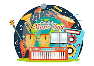 World Music Day Vector Illustration on 21 June with Various Musical Instruments and Notes in Flat Cartoon Background