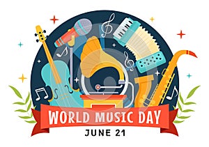 World Music Day Vector Illustration on 21 June with Various Musical Instruments and Notes in Flat Cartoon Background