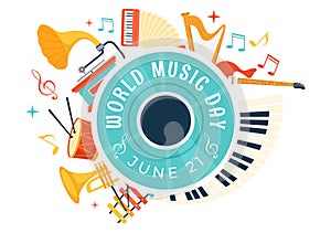 World Music Day Vector Illustration on 21 June with Various Musical Instruments and Notes in Flat Cartoon Background