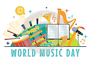 World Music Day Vector Illustration on 21 June with Various Musical Instruments and Notes in Flat Cartoon Background