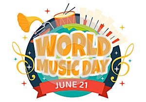 World Music Day Vector Illustration on 21 June with Various Musical Instruments and Notes in Flat Cartoon Background