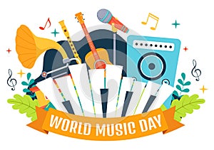World Music Day Vector Illustration on 21 June with Various Musical Instruments and Notes in Flat Cartoon Background