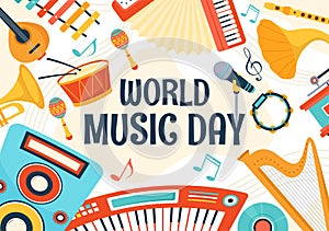 World Music Day Vector Illustration on 21 June with Various Musical Instruments and Notes in Flat Cartoon Background