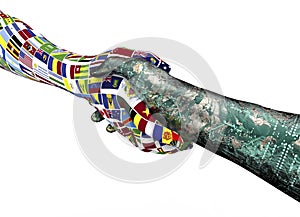 World nations hand shaking robothand isolated on white