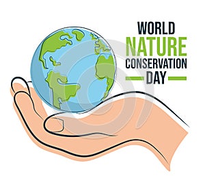 World Nature Conservation Day, Earth on hand symbol of care and protection, poster, illustration vector