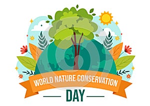 World Nature Conservation Day Vector Illustration with World Map, Tree and Eco Friendly Ecology for Preservation in Flat Cartoon