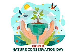 World Nature Conservation Day Vector Illustration with World Map, Tree and Eco Friendly Ecology for Preservation in Flat Cartoon