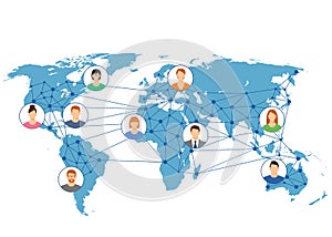 World Network. Social networks unite the world. Social network scheme on the Earth map.