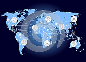 World Network. Social networks unite the world. Social network scheme on the Earth map