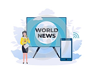 World news. Online reportage showing. Watch journalist review using smartphone. Mass media digital broadcasting. Video