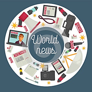 World news promotional poster with production equipment in circle