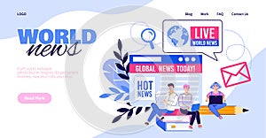 World news website banner template with cartoon people vector illustration.