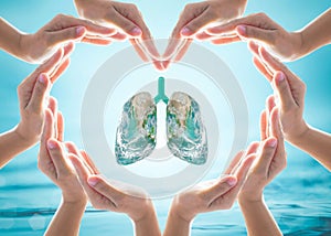 World no tobacco day campaign, lung in heart-shaped hand protection health care design logo concept