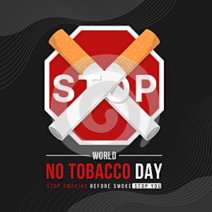 World no tobacco day - Cigarette cross on red stop octagon banner on black line curve texture background vector design