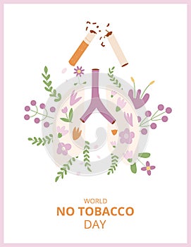 World no tobacco day vertical banner. Stop smoking card. Cigarette and lung with flowers awareness