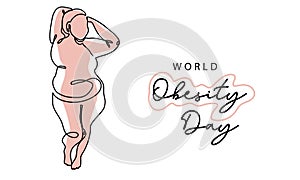 World obesity day simple vector poster, banner, background. Fat woman, girl and her slim silhouette. One continuous line