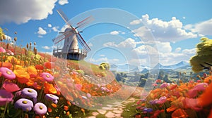 ai the world of \'oblivion\' features a windmill with pink flowers, in the style of colorful cartoon photo