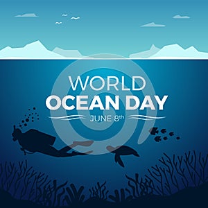 World ocean day banner with diving under ocean and fish and coral vector design