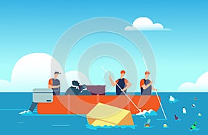 World ocean pollution. People in boat collecting plastic garbage in sea. Polluted water enviroment cartoon vector