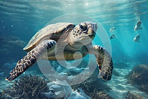 World ocean pollution, Turtle and plastic bags underwater. Generative AI