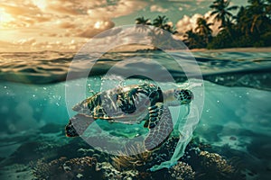 World ocean pollution, Turtle and plastic bags underwater. Generative AI