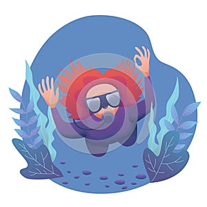 World Ocean and Sea Day. Woman Diver at bottom of sea. Vector illustration