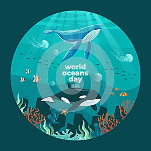 World oceans day 8 June web banner. Save our ocean. Large whale orca and fish were swimming underwater with beautiful coral and se