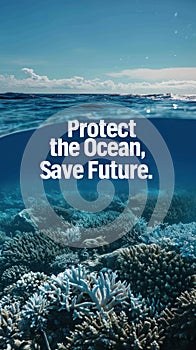World oceans day. bleached reefs lack of nutrients, Protect the Ocean, Save the Future, banner, vertical poster