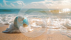 World Oceans Day captured with a globe in gentle beach waves under a bright blue sky