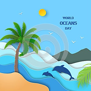 World oceans day concept with view of blue sea on paper cut and craft style