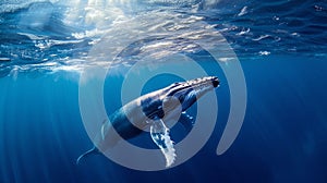 World oceans day. A Humpback Whale in Blue Water.