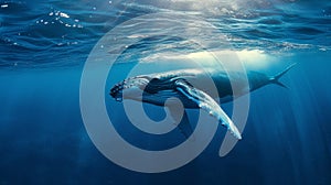 World oceans day. A Humpback Whale in Blue Water.